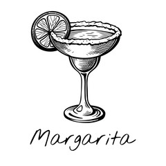 Vintage hand-drawn vector of Margarita cocktail with lime and salted rim. Black and white sketch style, perfect for bar menu, summer drinks, party or Mexican theme