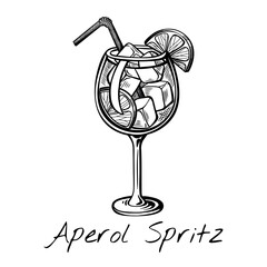 Hand-drawn vector of Aperol Spritz cocktail with orange slice and bubbles in wine glass. Retro summer drink sketch ideal for bar menu, aperitif visuals, or blog posts.