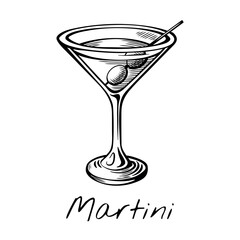 Hand-drawn vector illustration of Martini cocktail with olive in a classic glass. Retro bar sketch perfect for elegant menu design, nightlife content, or mixology visuals.
