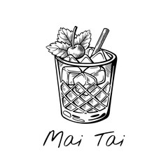 Vintage hand-drawn vector illustration of Mai Tai cocktail with citrus garnish in tiki glass. Perfect for summer parties, bar menus, tropical and exotic drink themes.