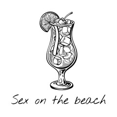 Hand-drawn vector of Sex on the Beach cocktail with fruit garnish and ice. Retro tropical drink sketch ideal for summer bar menu, beach visuals, or cocktail blog posts.