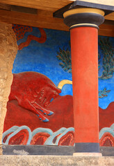 Greece Crete Heraklion Knossos Palace bronze age Minoan  archaeological site fresco of bull and...