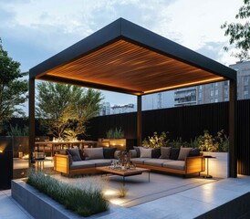Modern outdoor patio with pergola and furniture