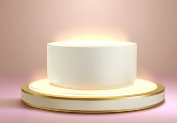 White cylinder podium on a lit, gold-rimmed base