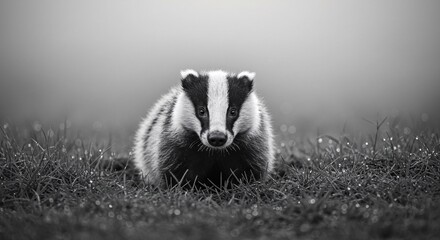 Obraz premium Young Badger in Misty Meadow Black and White Wildlife Photography