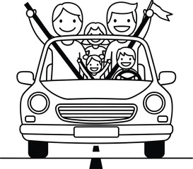 Black and White Family Car Trip Happy Parents Kids Road Trip