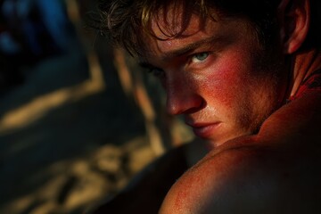A young man with sunburn on his shoulders standing outdoors. No other elements visible in the background.
