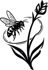 Obraz premium Black Bee Flying Near Stylized White Flower insect