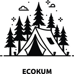 Obraz premium Black Line Art Tent in Forest Camping Nature Ecokum Trees