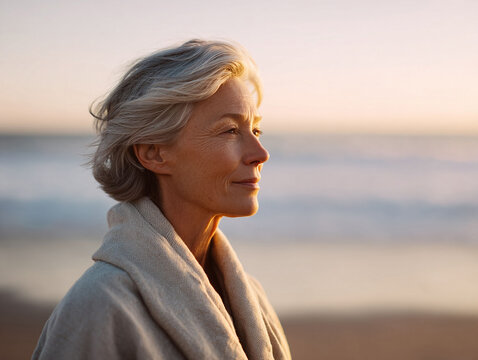 Serene mature woman at sunset on the beach. Profile view evokes peace, wisdom, reflection. Ideal for health, wellness, lifestyle, and travel concepts. - Powered by Adobe