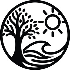 Black White Circular Tree Sun Waves Ocean Abstract Art