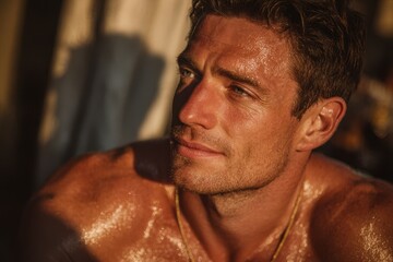 A young man with sunburn on his shoulders sitting outdoors under the sun. No other people or objects in the image.