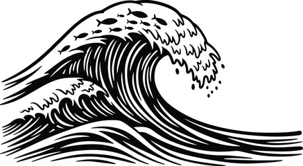 Black White Ocean Wave Fish Art Vector Graphic