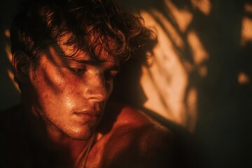 A young man with sunburn on his shoulders is seen sitting.