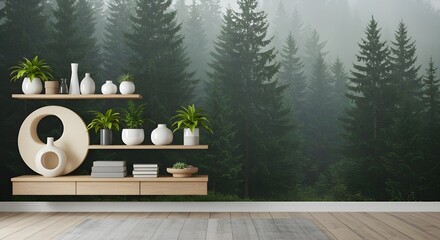Modern Minimal Interior with Floating Shelves and Foggy Pine Forest in Seamless Composition


