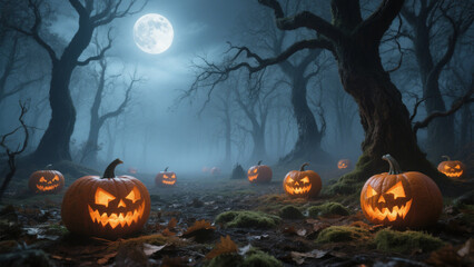 Fototapeta premium A hauntingly beautiful forest scene under a full moon, with eerie jack-o'-lanterns scattered across the ground. Halloween, Halloween Costumes, Halloween Background, Happy Halloween