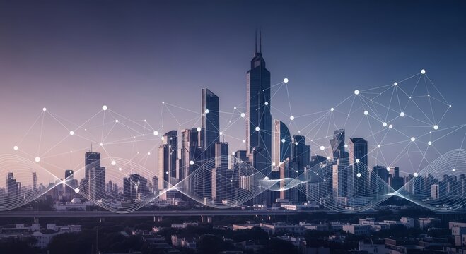 futuristic smart city skyline with digital network overlay representing urban connectivity - Powered by Adobe