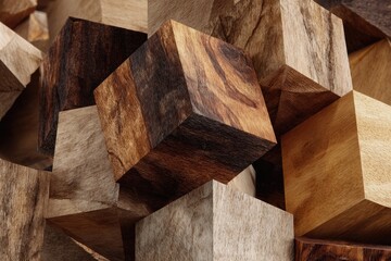 Close-up view of many wooden cubes