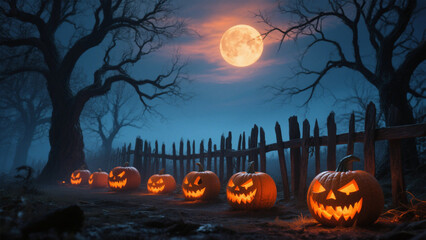 Fototapeta premium A hauntingly beautiful Halloween scene at twilight, where the sky transitions from deep blue to warm orange hues. Halloween, Halloween Costumes, Halloween Background, Happy Halloween