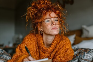 A young woman journaling on a bed with a toothbrush nearby, capturing a moment of mental health reflection and self-care.