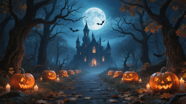 A hauntingly beautiful Halloween scene featuring a dark, moonlit forest path leading to an imposing, gothic castle in the distance. Halloween, Halloween Costumes, Halloween Background, Happy Halloween