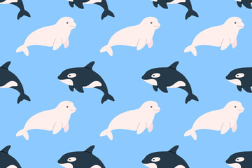 Seamless pattern with orcas and white seals on blue background. Perfect for polar animal themes, marine life and kids design