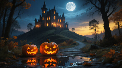 A hauntingly beautiful Halloween scene featuring a grand, gothic castle perched on a hill under a full moon. Halloween, Halloween Costumes, Halloween Background, Happy Halloween