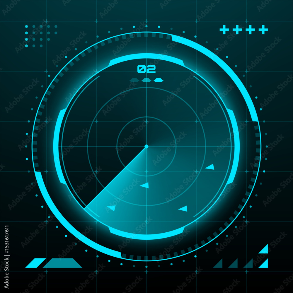Fototapete Futuristic head up display radar screen with neon cyan light on dark grid background. Digital hud for data visualization. vector graphics.