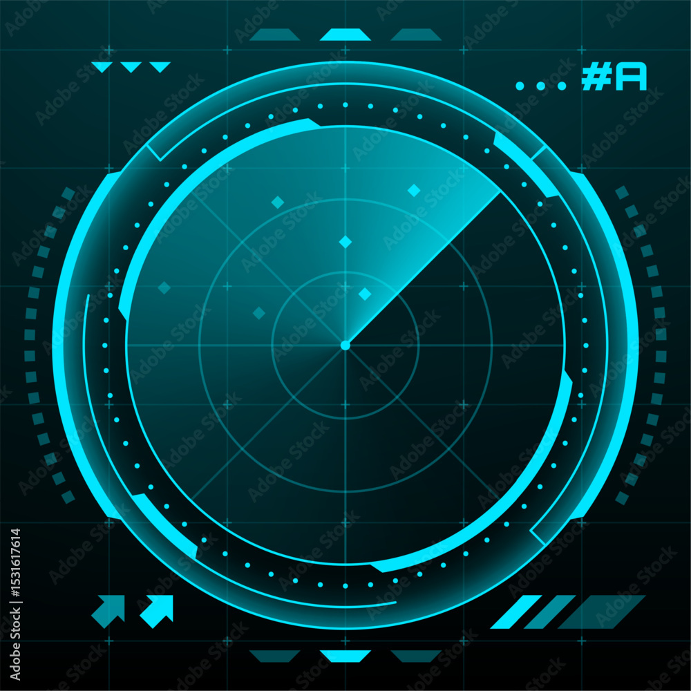 Poster Futuristic hud radar vector display with scanning line and target. Heads up display interface element for game or software design.