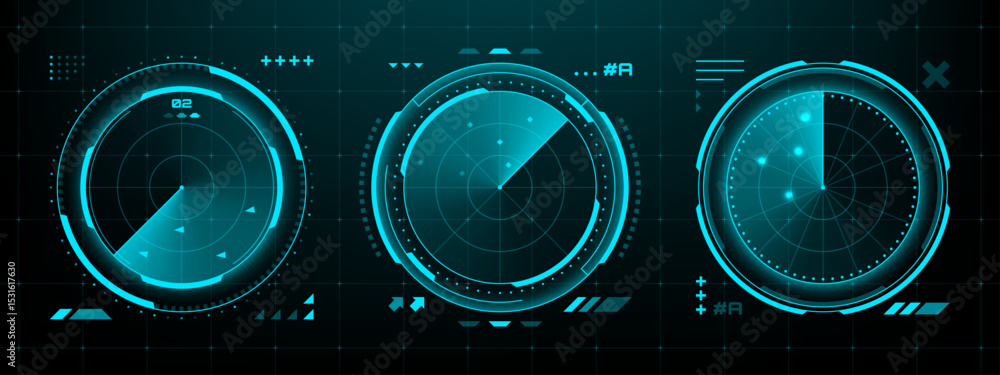 Poster Set of three glowing blue hud radar display elements with scan lines and targets on a grid background. Technology concept. Vector graphics.