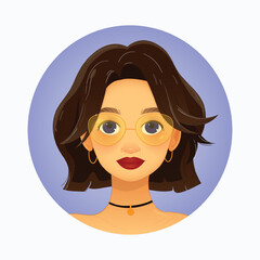 Stylish Girl Portrait – Brunette Hair and Glasses.  Brown hair. Vector illustration. EPS