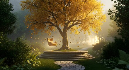 Golden Tree on Stone Platform with Floating Armchair in Mystical Forest Scene

