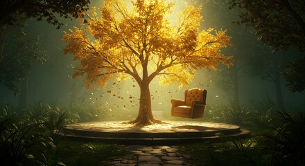 Golden Tree on Stone Platform with Floating Armchair in Mystical Forest Scene

