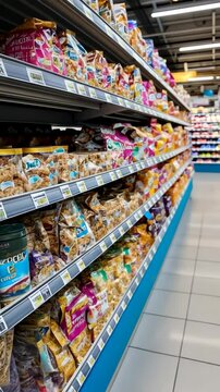 Vibrant supermarket aisle displaying colorful cereal boxes and snacks