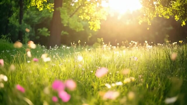 Sunlight streams through a green meadow filled with colorful flowers and tall grass, with trees in the background.