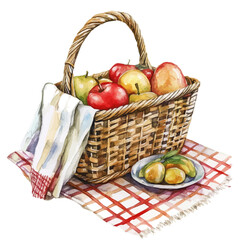 Summer Picnic Basket Shady, watercolor drawing vector, isolated on a white background.