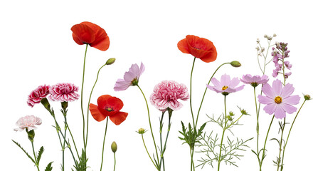 A vibrant symphony of poppies cosmos and carnations blooming in harmony a floral tapestry on transparent background