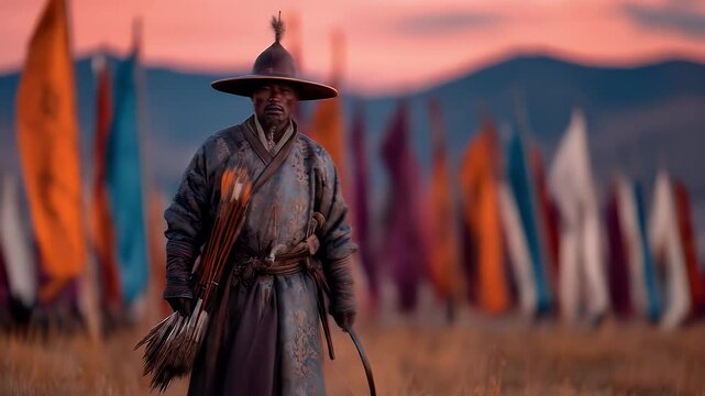 Mongolian Warrior Archer in Traditional Attire