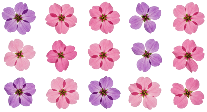 A delicate floral arrangement showcasing a variety of pink and purple flowers in full bloom on transparent background - Powered by Adobe