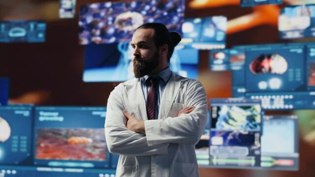 Medic expert uses tools and smart health systems to provide health solutions, showcasing scientific advancement in diagnostics and the future of healthcare through modern technology. Camera B.