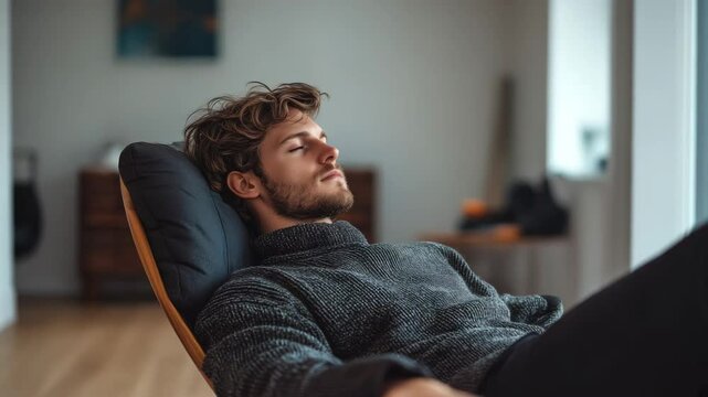 Young man relaxing indoors with closed eyes on comfortable sofa in a calm modern home