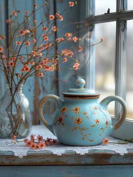 Delicate floral teapot on rustic blue windowsill with soft steam and spring blossoms &ndash; vintage kitchen still life