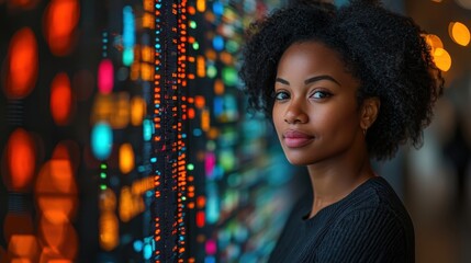 A determined African businesswoman, her face illuminated by the glow of a digital tablet, delves into complex data, a holographic overlay of graphs and charts illuminating the information 