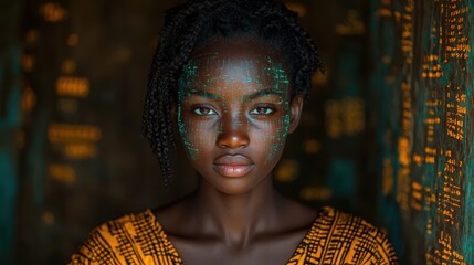 A determined African businesswoman, her face illuminated by the glow of a digital tablet, delves into complex data, a holographic overlay of graphs and charts illuminating the information 