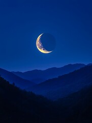 The new moon reflects the mountains in the night sky