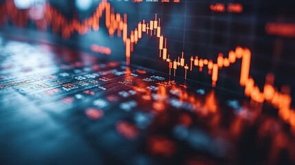 A dynamic candlestick graph chart, its jagged lines tracing the rise and fall of a stock market investment, reflecting the ebb and flow of trading activity 