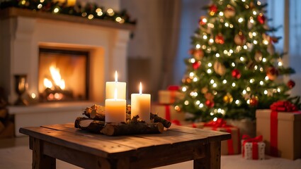 Cozy Christmas Eve Fireplace, Candles, and Festive Tree