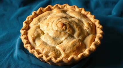 Close-up of a golden-brown, freshly baked pie on a teal cloth