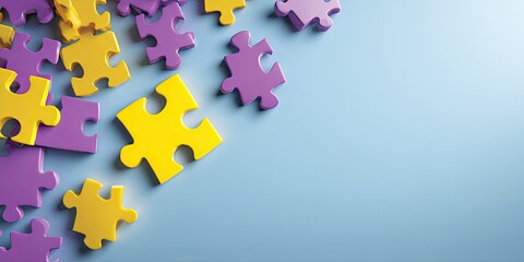 Colorful puzzle pieces scattered on a light blue surface