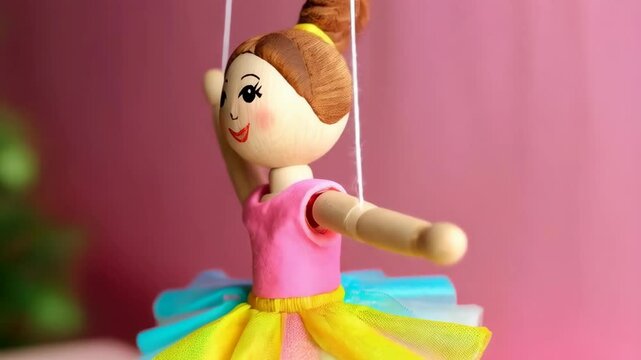 Wooden puppet doll dressed as ballerina poses gracefully against pink backdrop, suspended with white strings ready to dance.